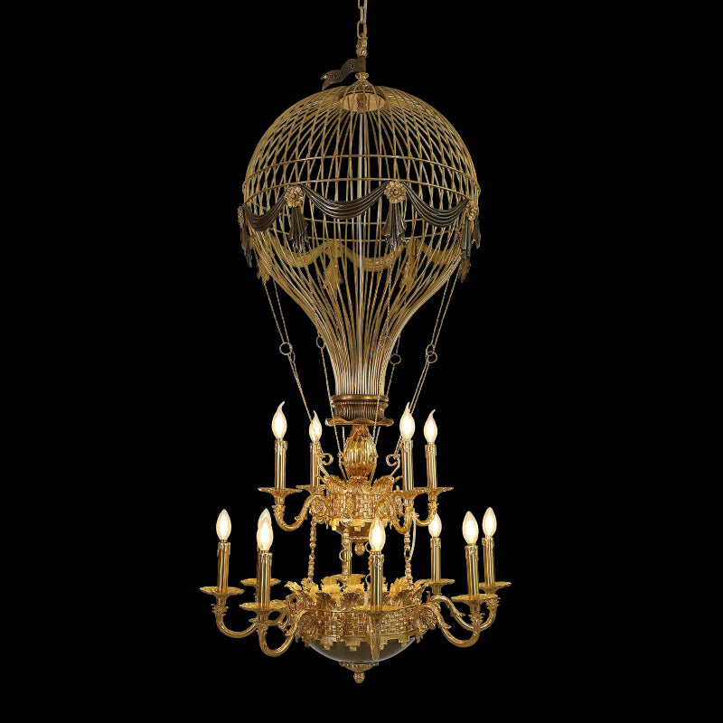 Front view of the vintage hot-air balloon creative design brass chandelier with lit candle bulbs.