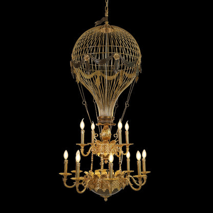 Front view of the vintage hot-air balloon creative design brass chandelier with lit candle bulbs.