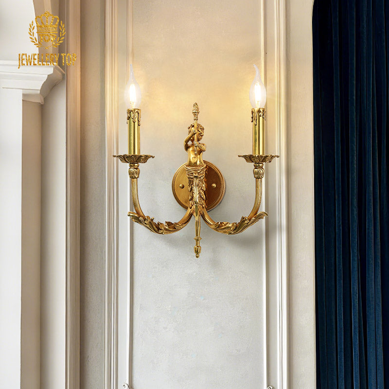 The European hotel wall light installed on a white paneled wall with blue curtains, emitting a warm, elegant glow.