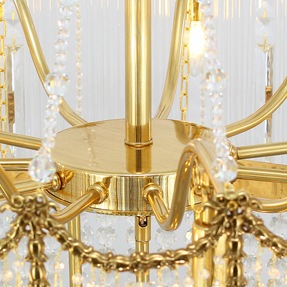 Extreme detail shot focusing on the tiered crystal tubes and the decorative brass finial beneath the lowest tier.