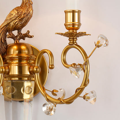 Side profile of the French-style wall sconce highlighting the curved arm, bird sculpture, and candle bulb.