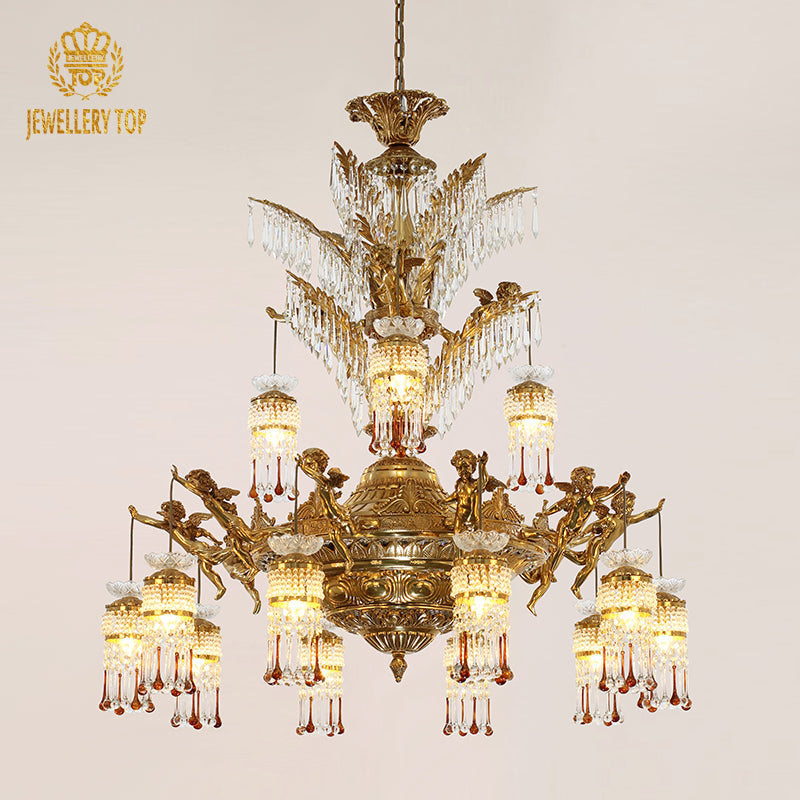 Front view of a golden antique bronze crystal decorative chandelier, brand JEWELLERY TOP visible.