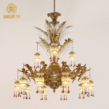 Front view of a golden antique bronze crystal decorative chandelier, brand JEWELLERY TOP visible.