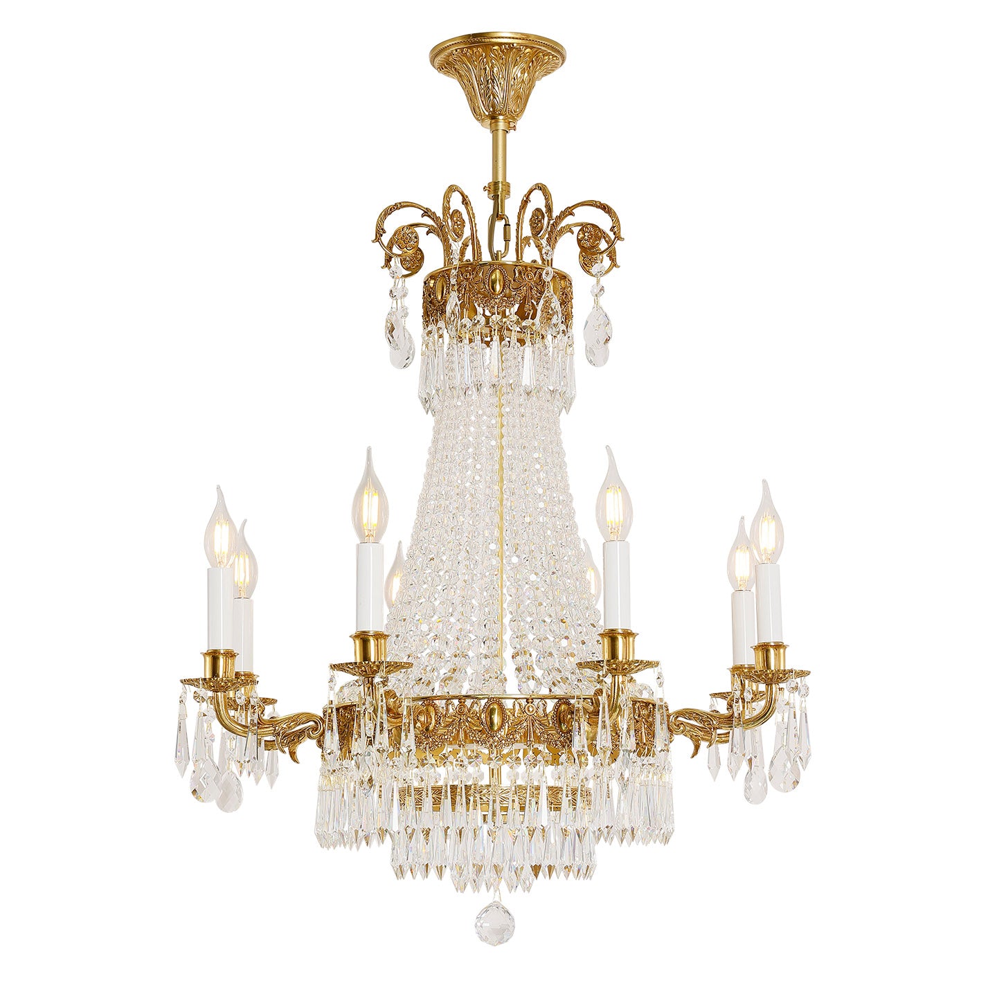 Side view of the ornate brass and K9 crystal chandelier with white pleated shades.