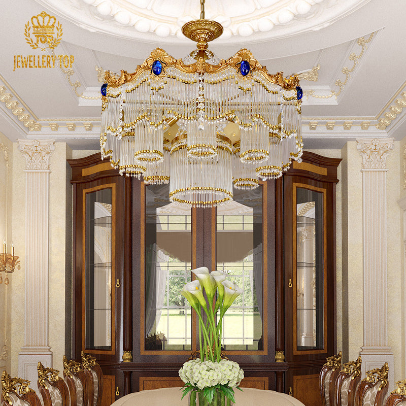 Angled perspective showcasing the tiered layers of cascading K9 crystal strands and the elegant cylindrical glass shades.