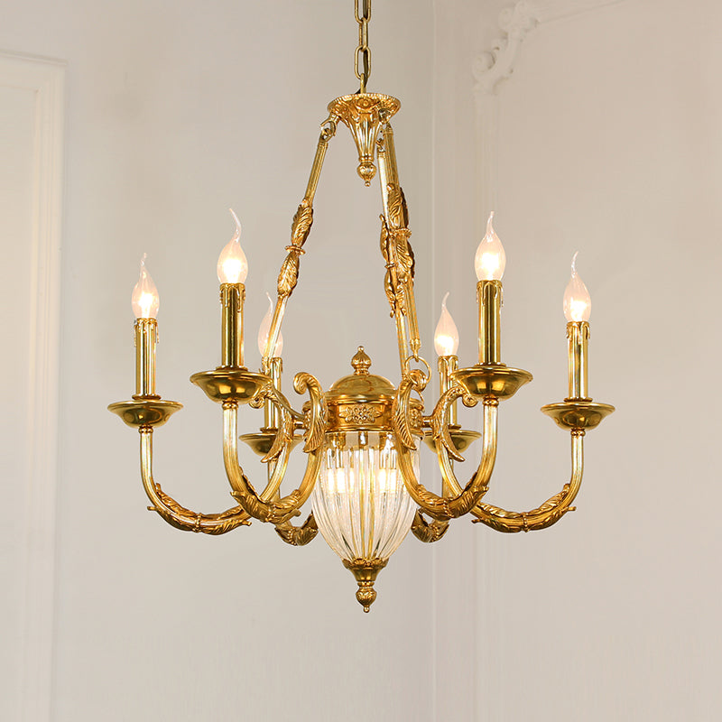 Angled perspective highlighting the symmetrical arrangement of candle-style lights and the elegant upward-curving arms.