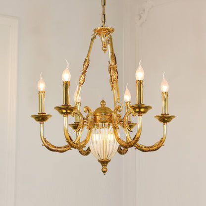 Angled perspective highlighting the symmetrical arrangement of candle-style lights and the elegant upward-curving arms.