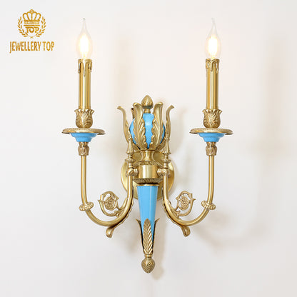 Front view of the ornate colorful wall light showcasing its floral centerpiece and elegant twin-arm design.
