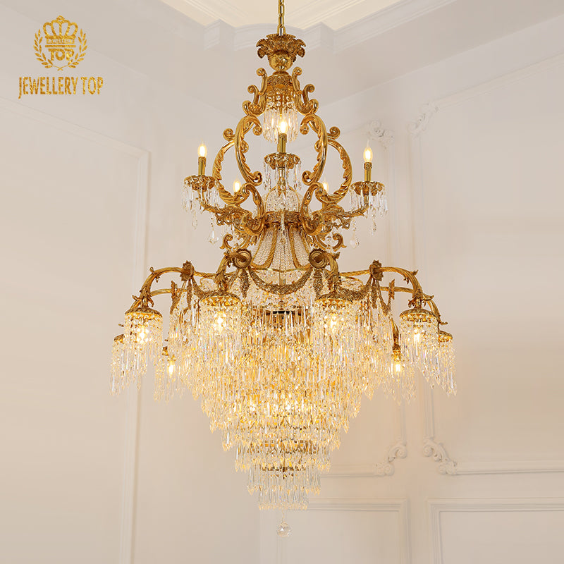 Detailed side view of the luxury crystal decorative brass chandelier's layered structure.