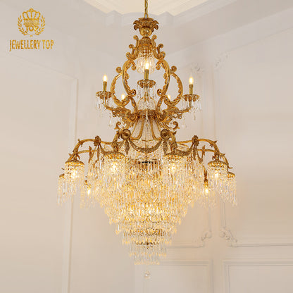 Detailed side view of the luxury crystal decorative brass chandelier's layered structure.
