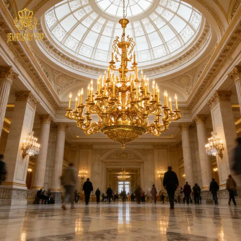 Grand royal castle brass chandelier in a marble hall with columns and a glass dome.