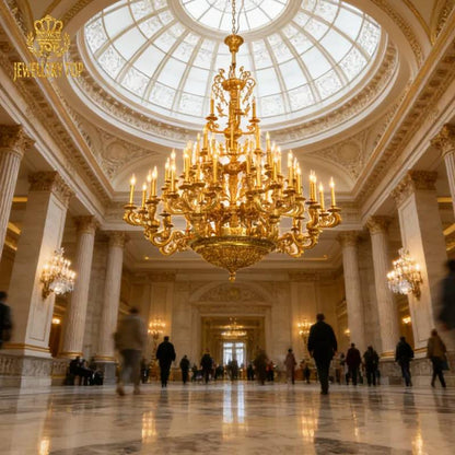 Grand royal castle brass chandelier in a marble hall with columns and a glass dome.