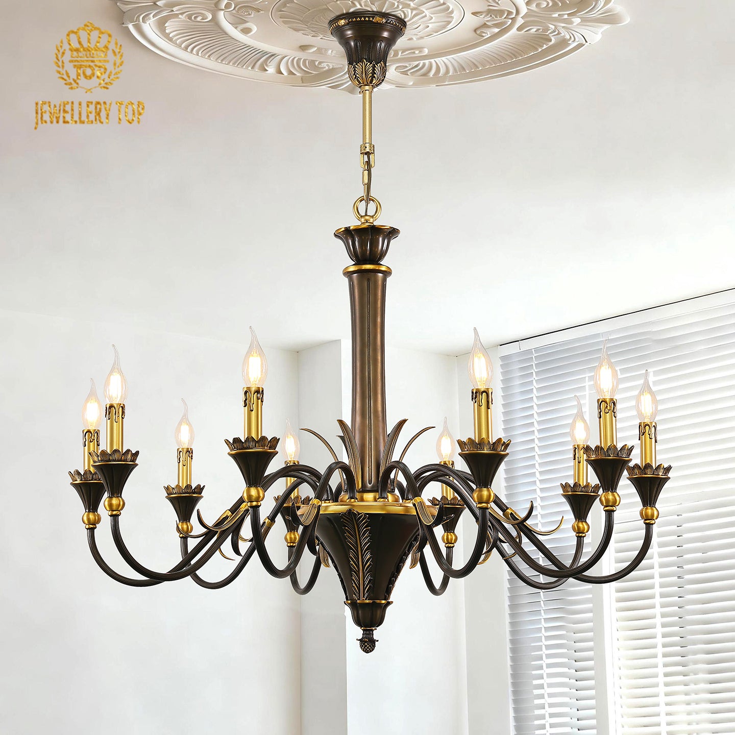 Multi-tiered French brass chandelier with intricate details on a white background, JEWELLERY TOP.