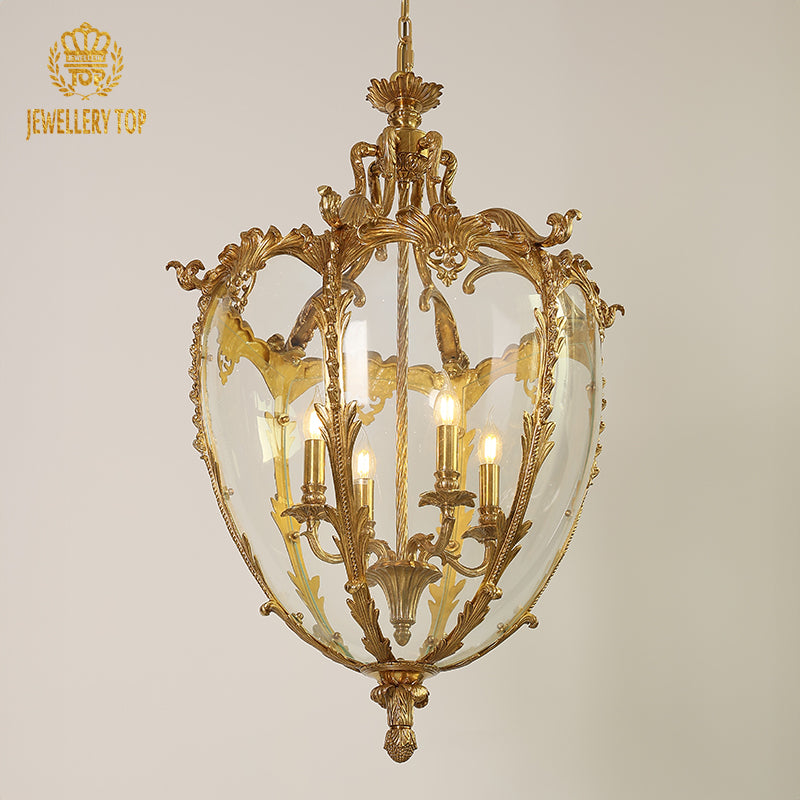 Oval-shaped classical brass pendant light with glass shades, from brand JEWELLERY TOP.