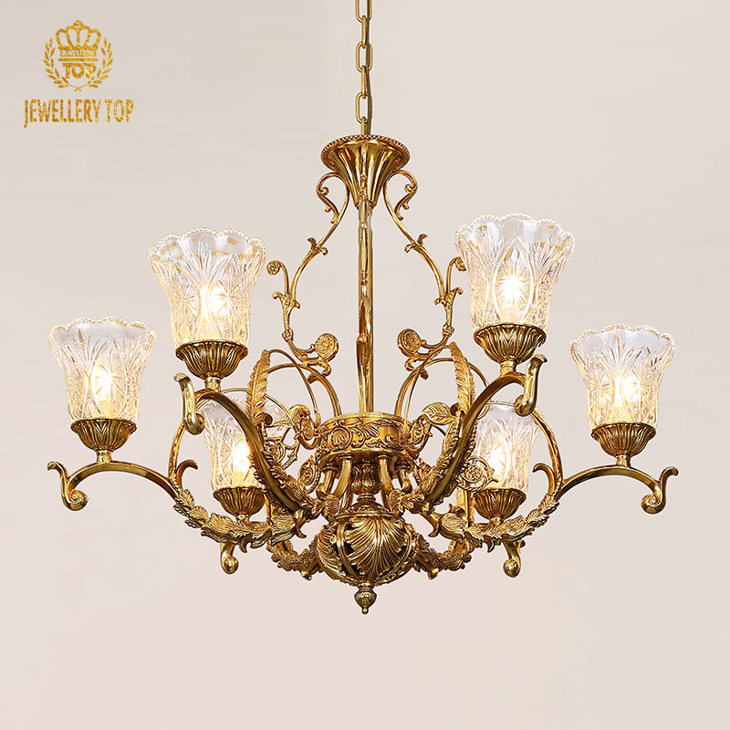 JEWELLERY TOP brand's antique bronze chandelier showcasing intricate golden foliage and scalloped glass lampshades.