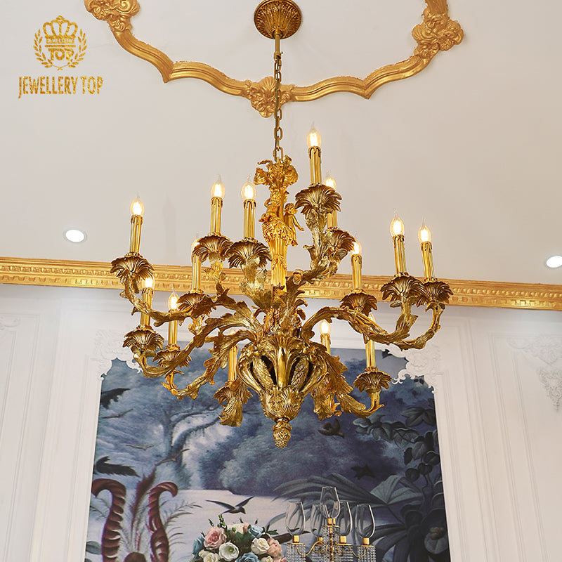 Luxury brass chandelier in an interior with blue mural, brand: JEWELLERY TOP.