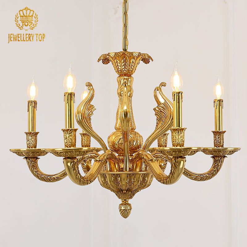 JEWELLERY TOP brand's french luxury chandelier showcasing intricate ribbon scrollwork and golden finish.