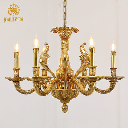 JEWELLERY TOP brand's french luxury chandelier showcasing intricate ribbon scrollwork and golden finish.