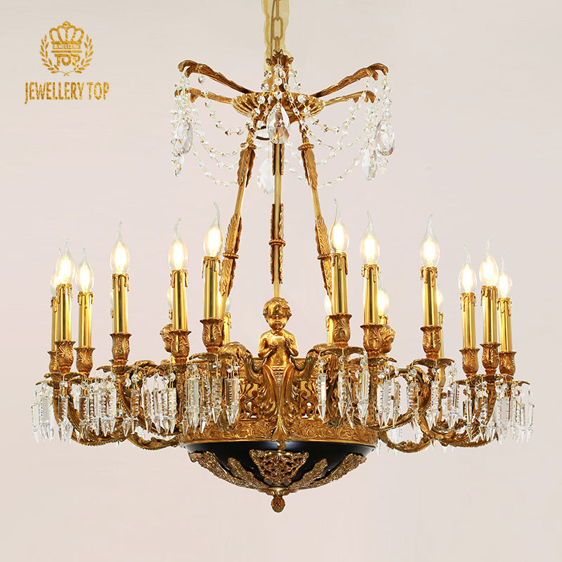 JEWELLERY TOP brand's baroque chandelier with intricate brass work and cascading crystal prisms.