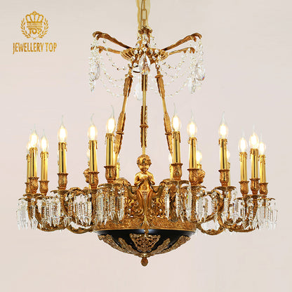 JEWELLERY TOP brand's baroque chandelier with intricate brass work and cascading crystal prisms.