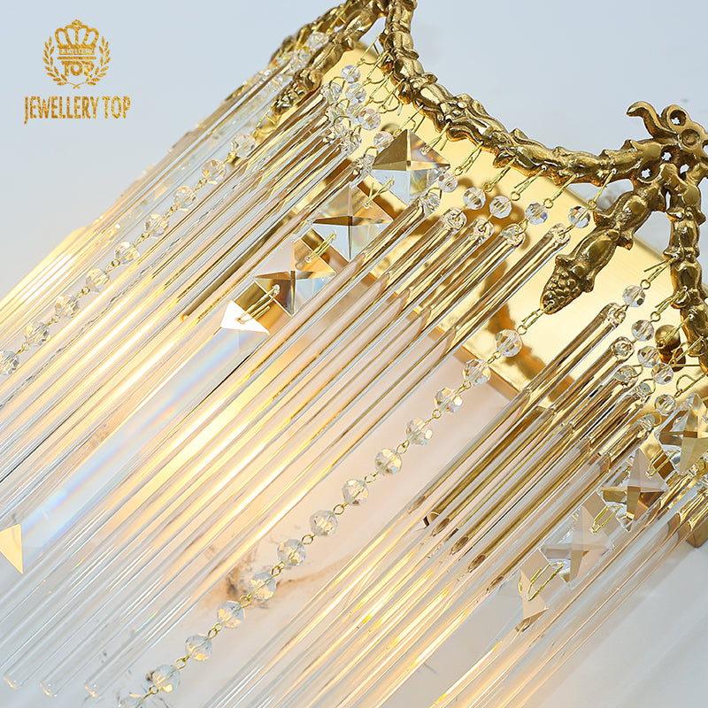 Macro shot of the individual clear crystal prisms and round crystal drops, capturing their clarity and light-refracting quality.