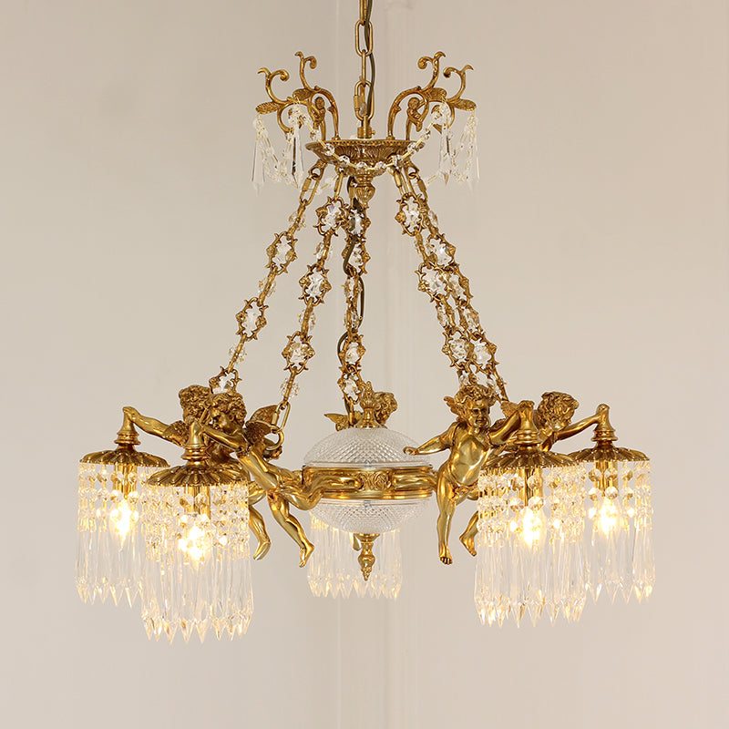 Front perspective of a French Baroque brass chandelier with angel sculptures and clear crystals.