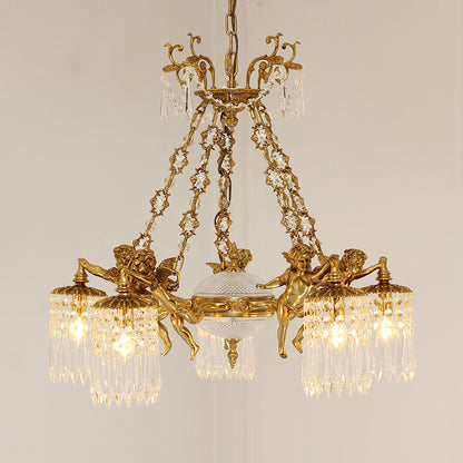 Front perspective of a French Baroque brass chandelier with angel sculptures and clear crystals.