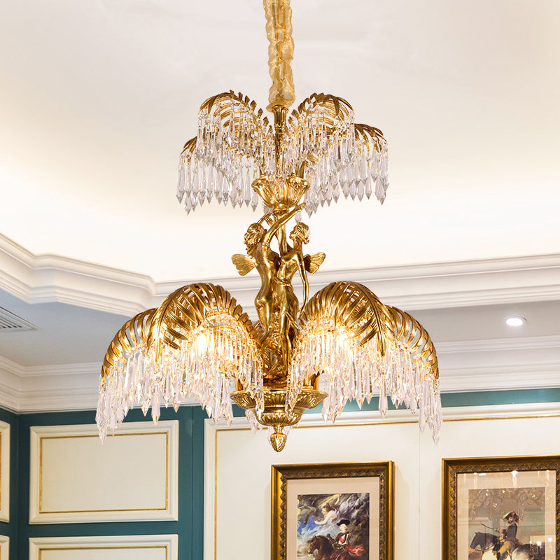 Elysian Terpsichore golden brass and crystal chandelier installed in an elegant green and white room.