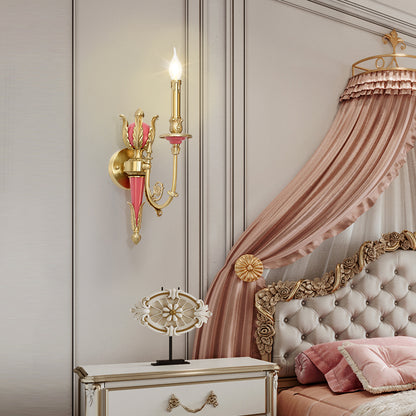 The installed French design wall lamp in an elegant bedroom with a canopy bed and pink drapery.