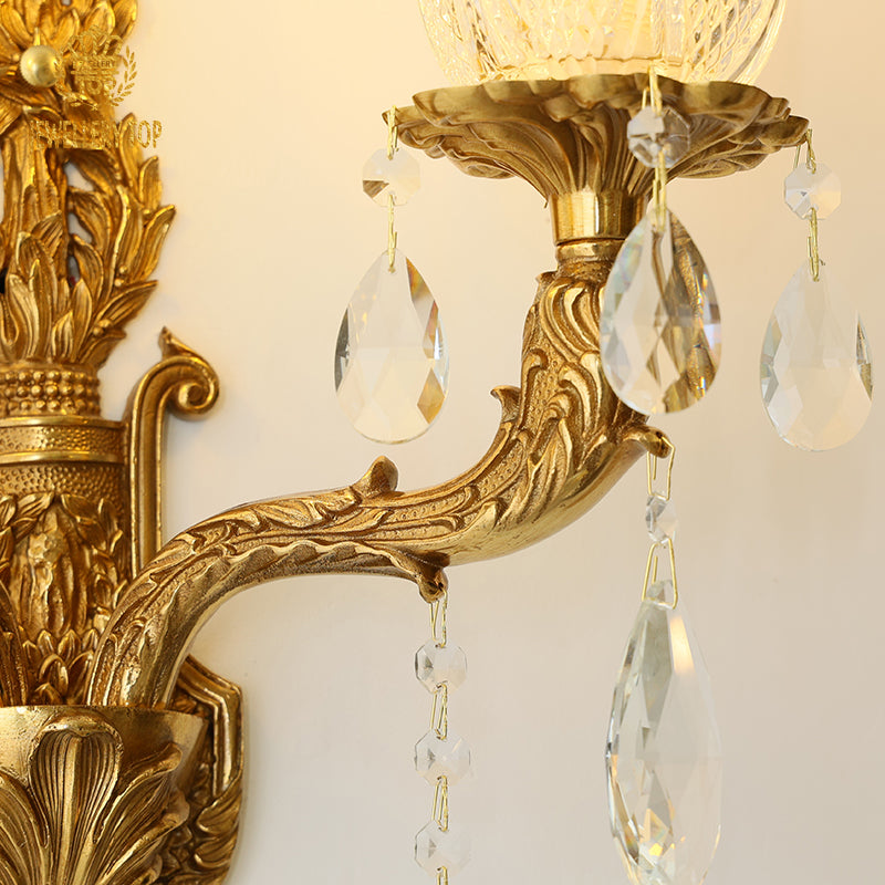 Side profile of the wall light showcasing the elegant curve of its arm and the translucent glass lampshade.