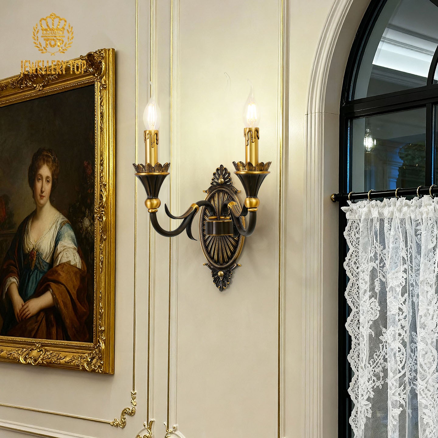 Classic interior scene with the golden indoor decorative wall lamp, a portrait in a gilded frame, and lace curtains.