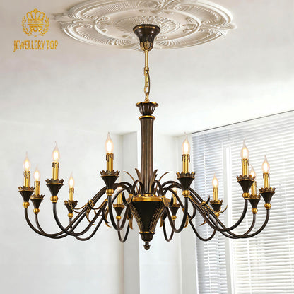 JEWELLERY TOP's brass chandelier with flared shades under a decorative ceiling medallion.
