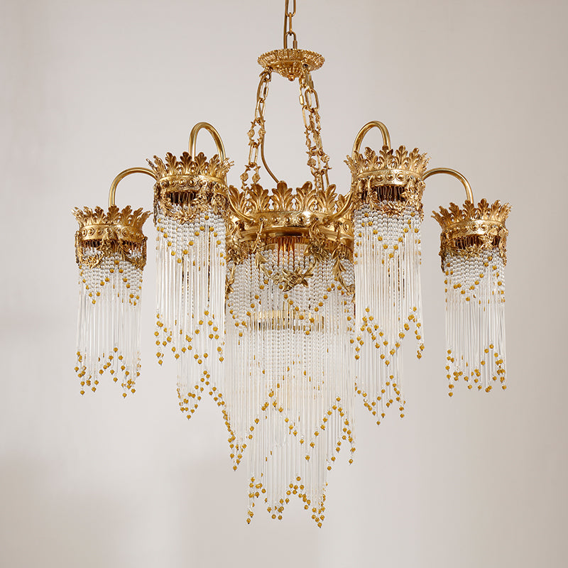 Detailed perspective highlighting the symmetrical design and hanging crystal pendants.