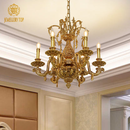 An antique bronze chandelier installed in an elegant dining room with classic crown molding and sophisticated wall textures.
