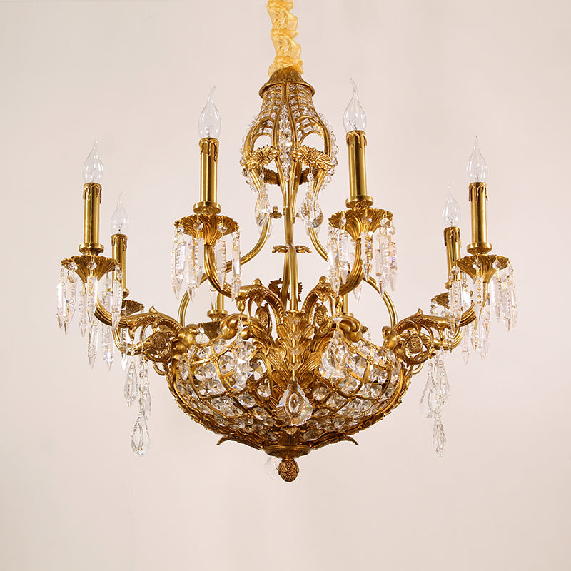 Detailed perspective highlighting the ornate brass arms and cascading crystal bead strands.