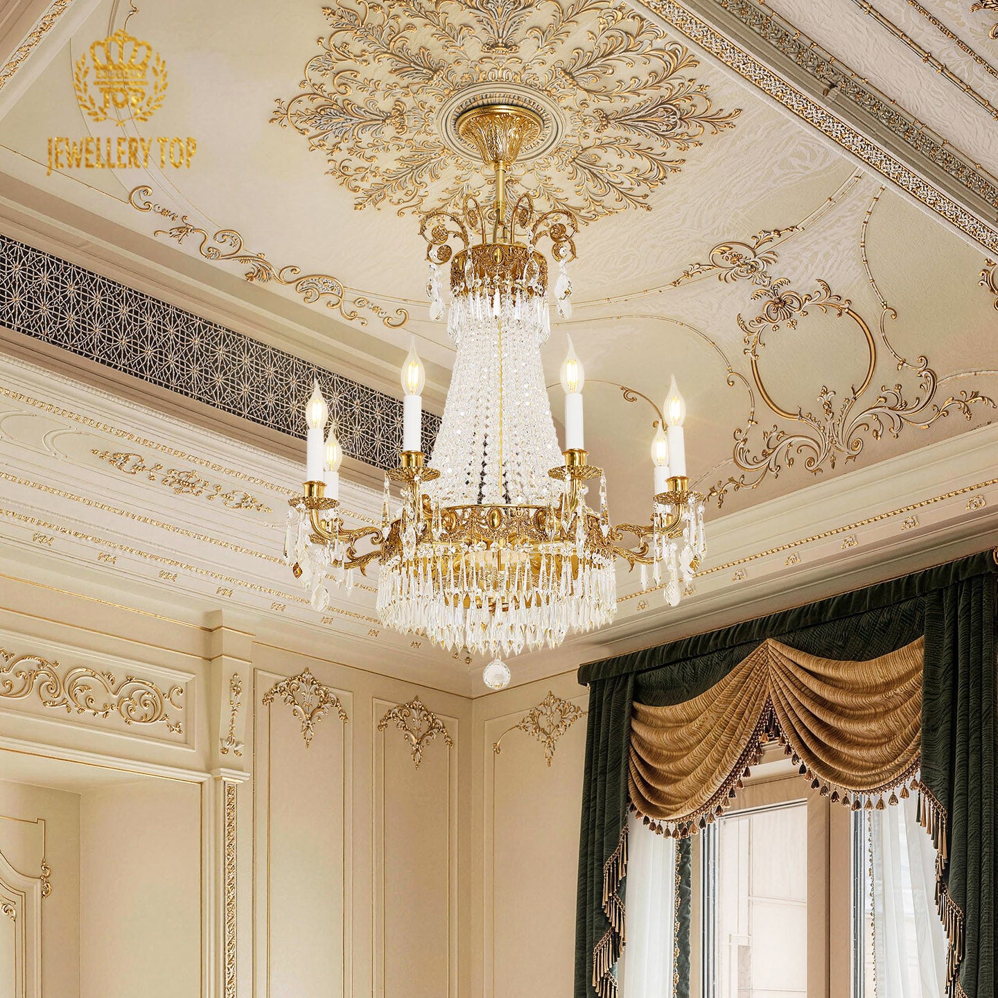 French luxury brass chandelier installed in a room with gold-accented ceiling and green curtains.