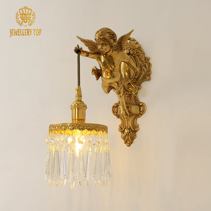 Detailed product shot of the Cupid wall lamp with a circular shade and crystal fringe, brand JEWELLERY TOP visible.