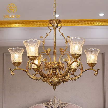 Angled perspective highlighting the symmetrical arrangement of five light sources and the elaborate lower filigree.
