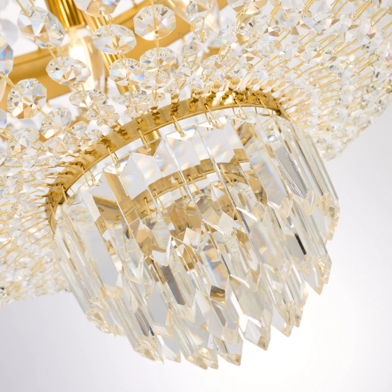 Detailed view of the circular brass frame and cascading crystal strands on a decorative chandelier.