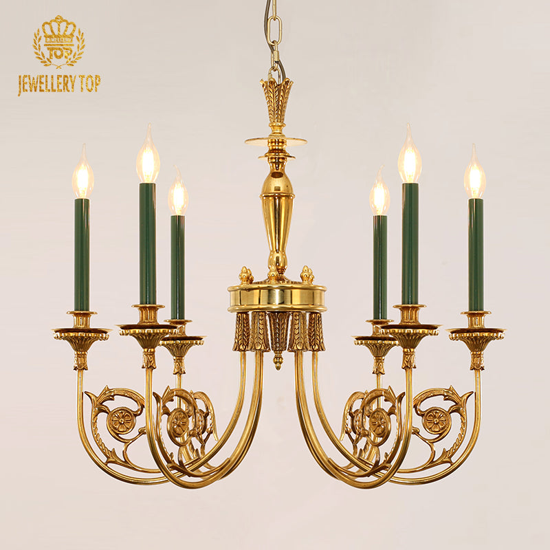 JEWELLERY TOP brand's classical brass dining room chandelier with intricate metalwork.
