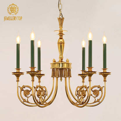 JEWELLERY TOP brand's classical brass dining room chandelier with intricate metalwork.