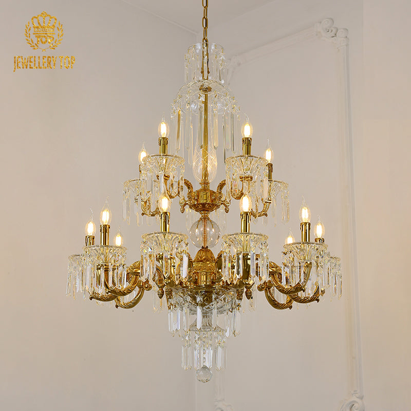 Angled perspective highlighting the symmetrical arrangement of multiple tiers of lights and the elaborate central column.