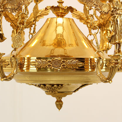 Extreme detail shot focusing on the candle-style filament bulbs and the decorative brass bobeche with hanging crystals.