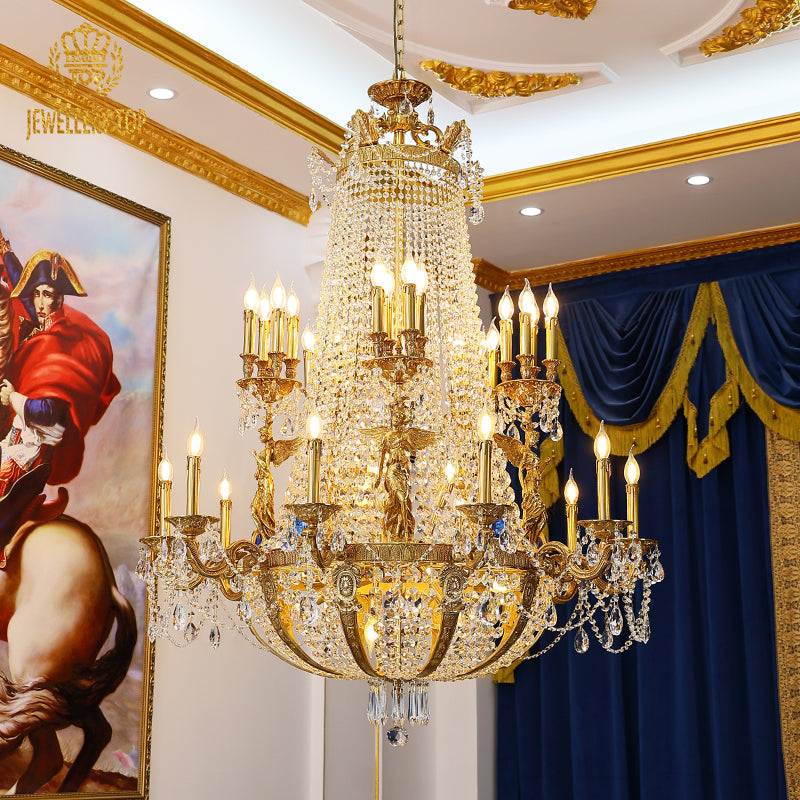 Detailed perspective of the elaborate brass frame, candle-style lights, and cascading K9 crystal strands.