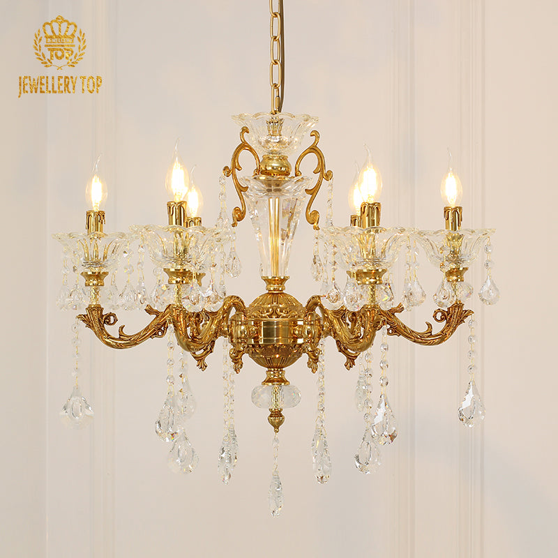 Angled perspective highlighting the symmetrical arrangement of six lights and the elaborate scrolling arms.
