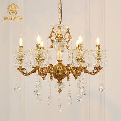Angled perspective highlighting the symmetrical arrangement of six lights and the elaborate scrolling arms.