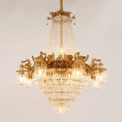 Front perspective of a pyramidal French brass chandelier with multiple lights and crystals.