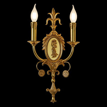 Close-up of the Fleur-de-Lys Candelabra brass wall sconce with oval cameo and iris motif on black, JEWELLERY TOP.