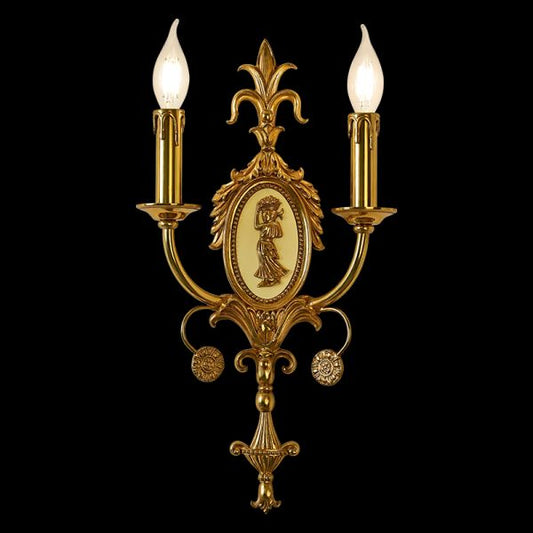 Close-up of the Fleur-de-Lys Candelabra brass wall sconce with oval cameo and iris motif on black, JEWELLERY TOP.