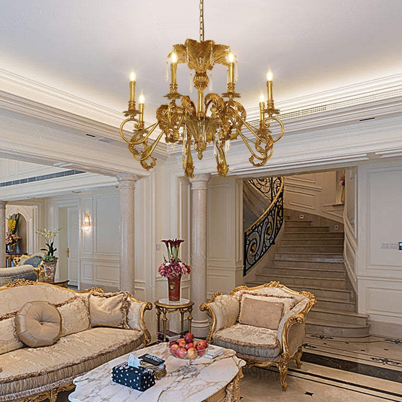 Detailed perspective highlighting the symmetrical arrangement of candle-style lights and the central palm frond motif.